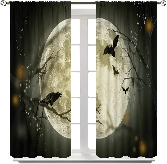Gothic Halloween Full Moon Blackout Curtains, Gothic Halloween Night Black Bat Crow Print Window Drapes, for Kids Boys Bedroom Living Room 36(W)*63(L) 2 Panels