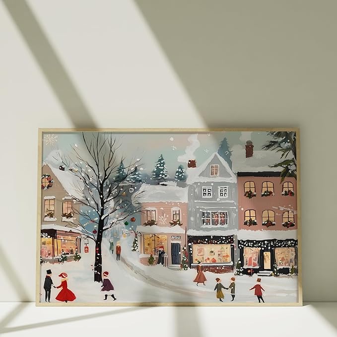 Vintage Christmas Village Art Print for Winter Home Decor, Snowy Holiday Town Scene Wall Art, Noel Design, Retro Seasonal Xmas Decoration, Cozy Winter Cottage Interior Artwork (Unframed) (12x18)