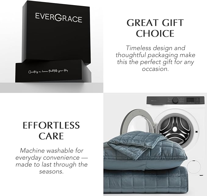 EVERGRACE Pearl Velvet Quilt Set Full Queen Size, Luxurious Soft Velvet Comforter, Lightweight Oversized Bedspread Coverlet, Box Stitch Quilted Bedding Sets for All Season, w/ 2 Shams, Stormy Blue