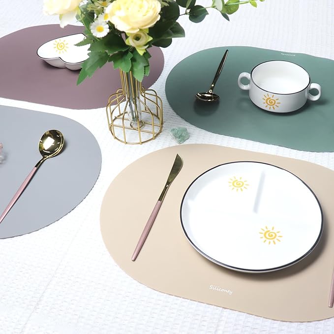 Silicone Placemats, Oval Placemats Set of 4. Heat-Resistant and Easy to Clean Siliconty Mats, Non-Slip Silicone Placemats for Table Protection. (4, Cameo Brown)
