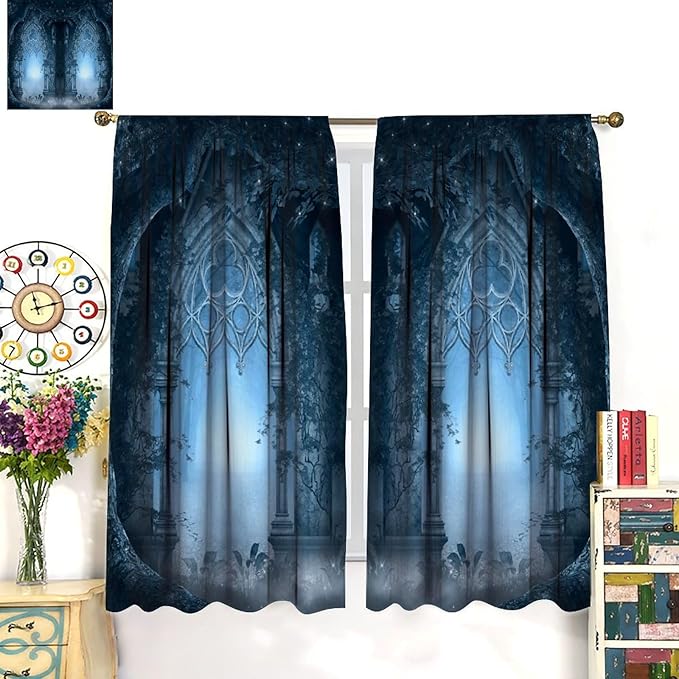 Gothic Mid Century Blackout Curtains, Vintage Medieval Castle Night Magic Forest Tree Misty Landscape Window Drapes, for Living Room Bedroom 42(W)*84(L) 2 Panels