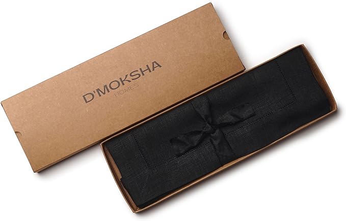 D'Moksha Homes Linen Placemats Set of 6 - Classic Hemstitch Black Placemats 14 x 19 Inch - 100% Pure Linen Table Mats for Winter, Christmas, Holiday - Handcrafted and Machine Washable