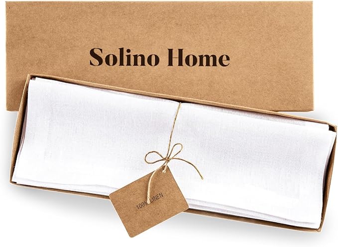 Solino Home Linen White Placemats Set of 4 - 100% Pure Linen Placemats 14 x 19 Inch for Winter, Christmas, Holiday, New Year - Fete