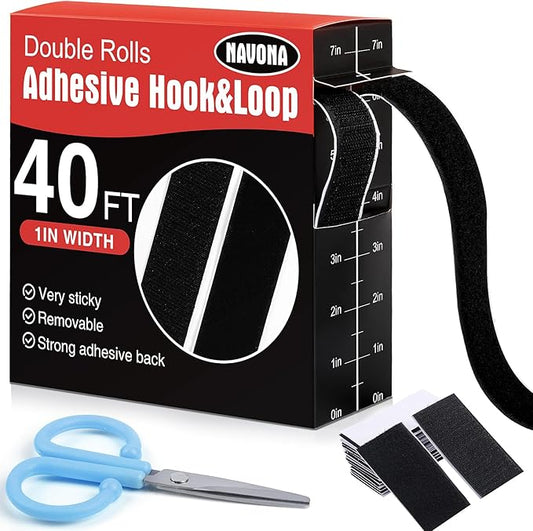 Navona 40Ft x 1Inch Hook and Loop Strips with Adhesive, Heavy Duty Self Adhesive Tape with Back, Strong Sticky Back Fastener Roll for Home, Office, School, Crafting, Black
