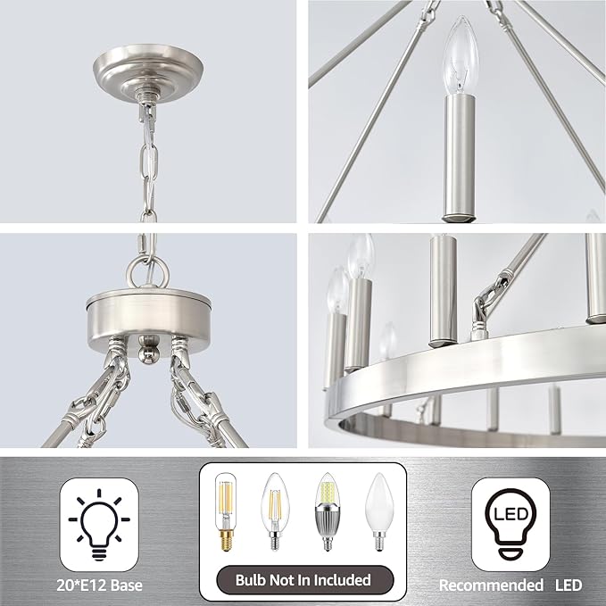 Silver Wagon Wheel Chandelier 40”, Farmhouse Brushed Nickel Chandelier for Dining Room 20-Light, Modern Round Living Room Chandeliers Light Fixture for Foyer, Entryway, E12