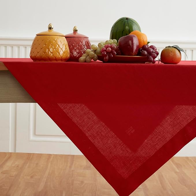 Solino Home Linen Red Square Tablecloth 52 x 52 Inch - 100% Pure Linen Table Throw - Fete, Machine Washable Table Cloth for Christmas, Holiday, Winter