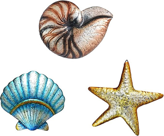 Weibefee 3 Pcs Metal Beach Wall Decor Sea Star Shell Conch Metal Christmas Decor Ocean Theme Marine Coastal Bathroom Christmas Decorations Gift Rustic Cottage Nautical Wall Art for Office Home Living Room Nursery Room
