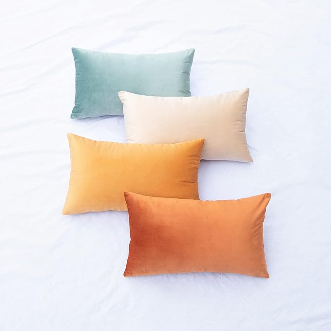 MONDAY MOOSE Decorative Throw Pillow Covers Cushion Cases, Set of 4 Soft Velvet Modern Designs, Mix and Match for Home Decor, Pillow Inserts Not Included (12x20 inch, Orange/Teal)