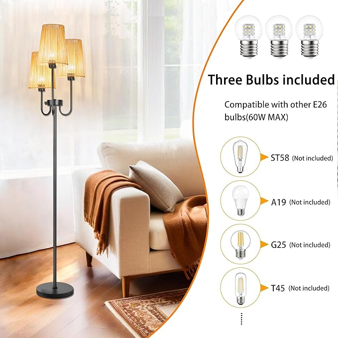 Rattan Floor Lamp for Living Room,3-Light Farmhouse Standing Lamp with Rattan Shades, 65" Tall Rustic Tall Lamps for Bedroom,Office,3 x E26 LED Bulb Included