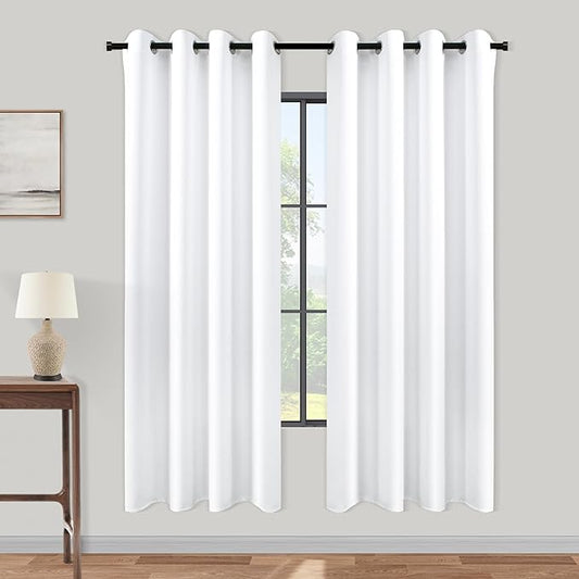 KOUFALL 60 Inch Curtains White Semi Blackout Curtains 2 Panels Set with Grommet Top, Lightweight 60-70% Blackout Opaque Curtains, Energy Saving Simple Drapes for Living Room Bedroom