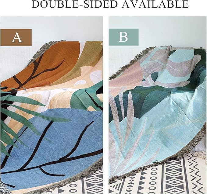 Double-Sided Cotton Woven Throw Blanket with Tassel Jungle Bohemian Style Tapestry Shawl Multi-Function Decorative Throws for Sofa Bed Armchair Camping Blanket Tablecloth Carpet 160x130cm