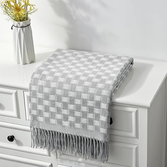CREVENT 50"X60" Farmhouse Lightweight Breathable Soft and Warm Checkered Plaid Throw Blanket for Sofa Couch Bed, Faux Cashmere Home Decoration Throw with Tassles (Grey)