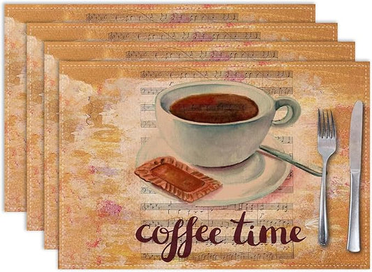 Coffee Time Placemat Set of 4, 12x18 Inch Rustic Coffee Theme Beans Leaves Vintage Farmhouse Washable Heat Resistant Table Mats for Outdoor Farmhouse Kitchen Dining Decor