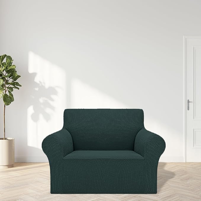 Cupuamon 2025 New Stretch Chair Sofa Slipcovers Couch Cover for 1 Seater Furniture Protector Sofa Covers with Elastic Bottom Jacquard Fabric Small Checks for Pets, Kids - Hunter