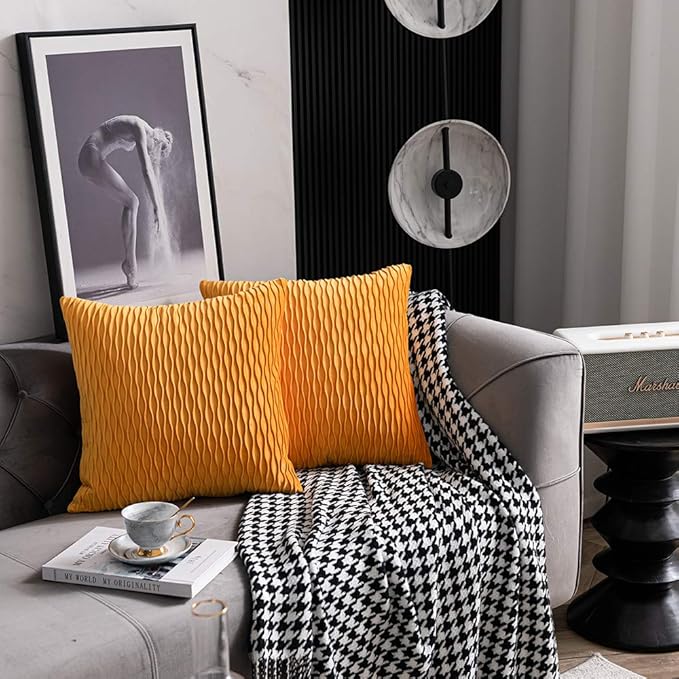 Fall Golden Yellow Couch Pillow Covers: 2 Pack 22x22 Inch Original Striped Velvet Square Throw Pillow Cases for Farmhouse Home Decor