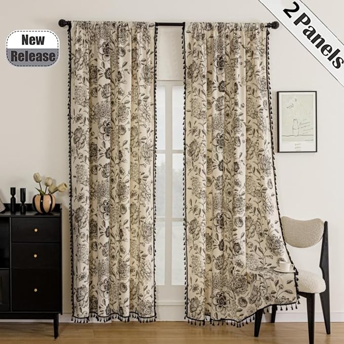 F-CHU Black Floral Farmhouse Curtains Living Room Drapes 84 Inch Length Cotton Linen Boho Window Curtain with Tassel Rod Pocket Bedroom Macrame Drapes Flower Curtains, 2 Panel