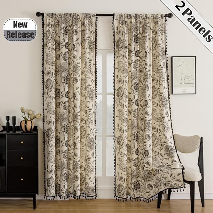 F-CHU Boho Curtains for Living Room 96 Inch Length French Country Floral Drapes Farmhouse Rustic Vintage Window Curtain Panels for Bedroom Chic Cotton Linen Closet Curtains，2 Panel