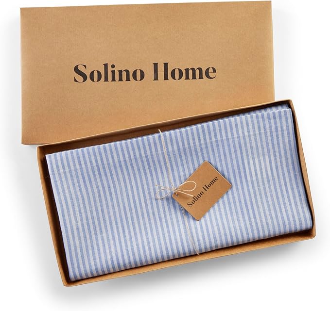 Solino Home Linen Tablecloth 60 x 90 Inch - Narrow Stripe 100% Pure Linen Cornflower Blue and White Table Cloth for Rectangle Tables - Machine Washable Tablecloth