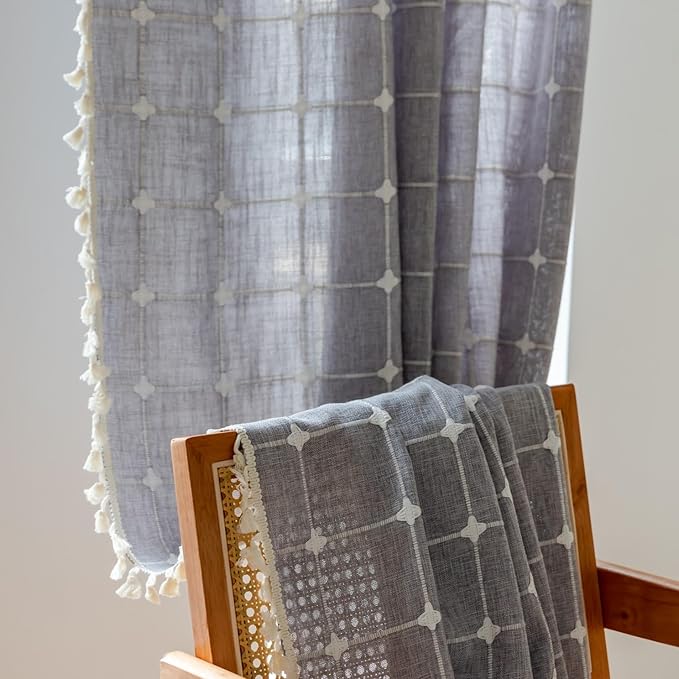 Sutuo Home Boho Curtains for Kitchen Nursery Room 63 Inches Long,Checkered Linen Light Filtering Farmhouse Bohemian Vintage Chic Tassels Window Treatment Drape, 1 Panel 52" W x 63" L, Dark Grey Plaids