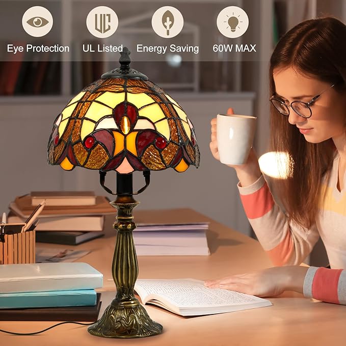 Tiffany Style Table Lamp - 8 Inch Baroque Stained Glass Lamp Vintage Desk Lamps with LED Bulb, Lamps for Night Stands Desk Light for Bedroom Living Room Home Office Ideal Gifts for Family Friends