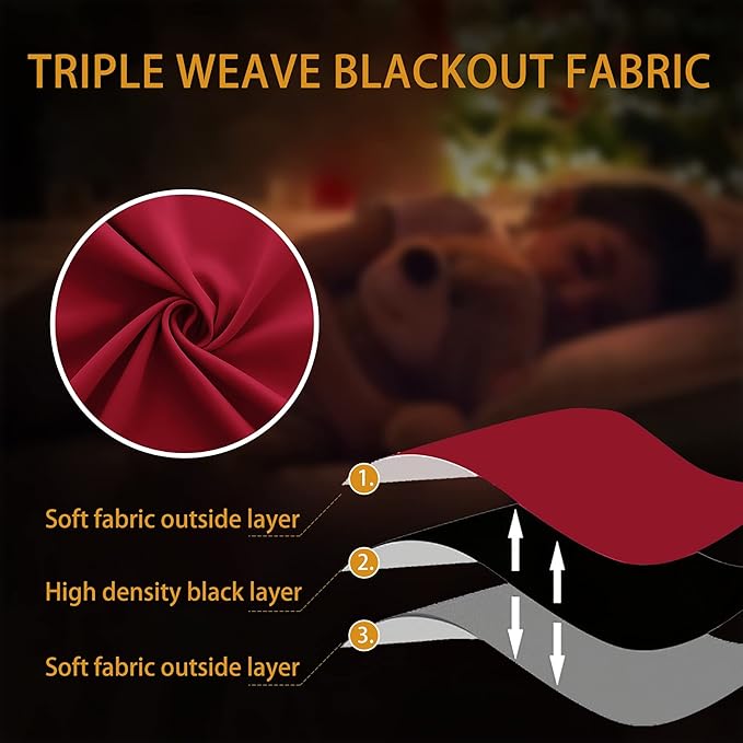 KOUFALL Red Curtains 2 Panels 90 Inches Long for Living Room,Elegant Vintage Farmhouse Thermal Insulated Blackout Drapes for Bedroom,Cortinas De Navidad Navideñas Rojas para Sala