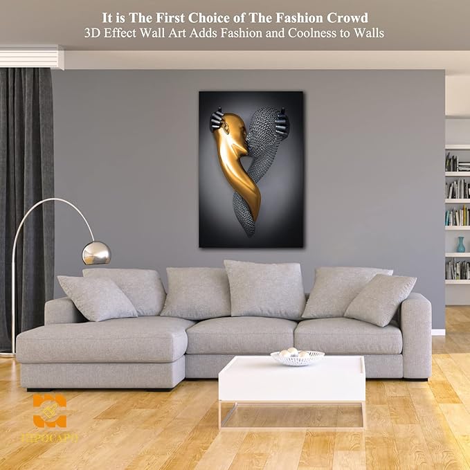 HIPOCAPO 3D Metal Effect Wall Art - Wall, Modern Abstract Hug Lovers Painting Picture Poster Prints for Bathroom, Romantic Couple Living Room Canvas Framed 24''x36''x1Pcs 3d Art-20