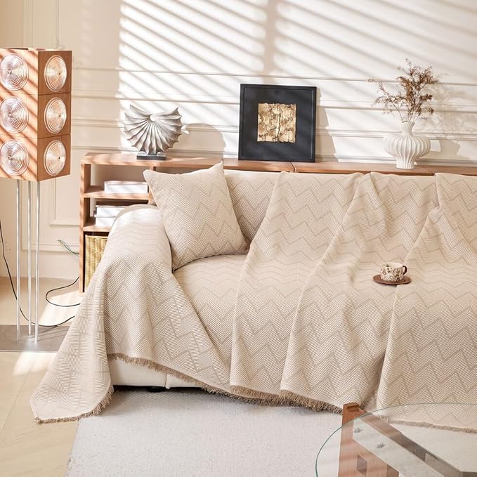 ROOMLIFE Boho Khaki Couch Covers for 3 Cushion Sofa, Couch Cover Sectional Sofa Cover for Dog, Washable Furniture Sofa Protector Cover Soft Blanket with Tassel for Living Room, 71''X118''