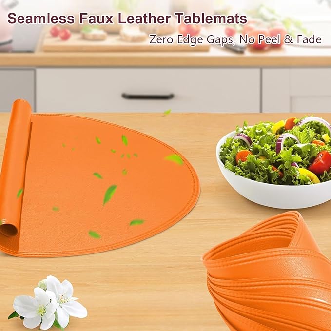 Round Vinyl Orange Placemats Set of 6, Faux Leather Waterproof Wipeable Heat Resistant Place Mats, Washable Table Mats for Halloween, Thanksgiving & Christmas Dinner(Orange)