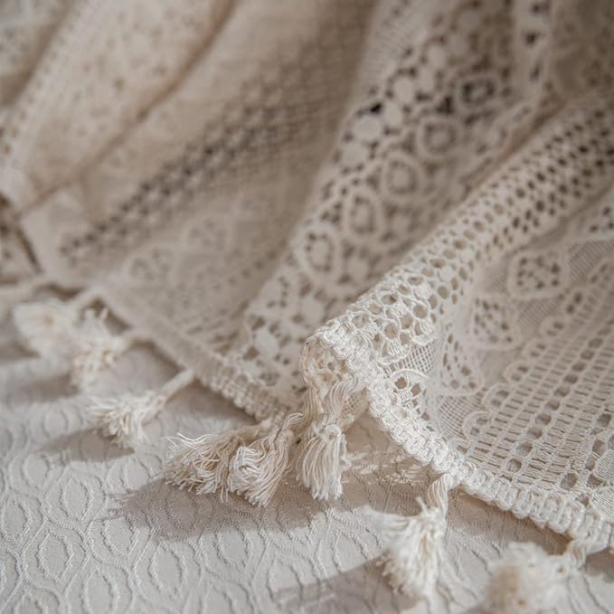 Sutuo Home Boho Curtain Crochet Lace Semi-Sheer Bohemian Hollow Knitted Handmade Tassels, Rod Pocket Window Treatment Vintage Rustic Farmhouse Drapes for Bedroom, 1 Panel 59" W x 96" L, Beige