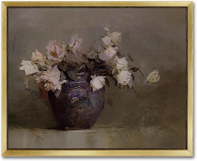 AIMAILON Vintage Gold Canvas Wall Art Framed Decor Classical Nature Theme for Living Room Office Home Decoration Pink Flower Botanical Aesthetic Picture Still Life Artwork Decor 8x10