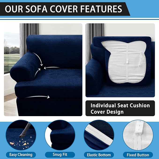 3-Pieces T Cushion Sofa Slipcovers Leather Look Couch Cover for 2 Cushion Couch Furniture Protector Stretch Sofa Cover with 2 Individual T Cushion Seat Covers Washable, Navy