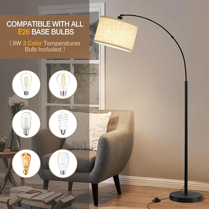 Luvkczc 71" Arc Floor Lamps for Living Room, Standing Lamp with Adjustable Head, Tall Pole Lamp with Foot Switch, Arched Reading Light for Bedroom, Office, 9W 3 Color Temperatures Bulb Included