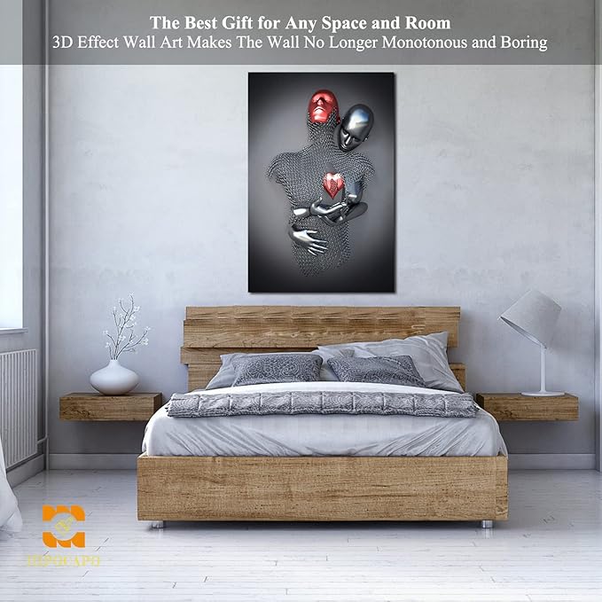 3D Wall Art - Love Heart 3D Metal Canvas Art, Silver 3D Metal Canvas Art 3D Canvas Art Wall Decor for Modern Living Room, Framed Romantic Couple Living Room Canvas Wall Art 32”x48”x1Pcs