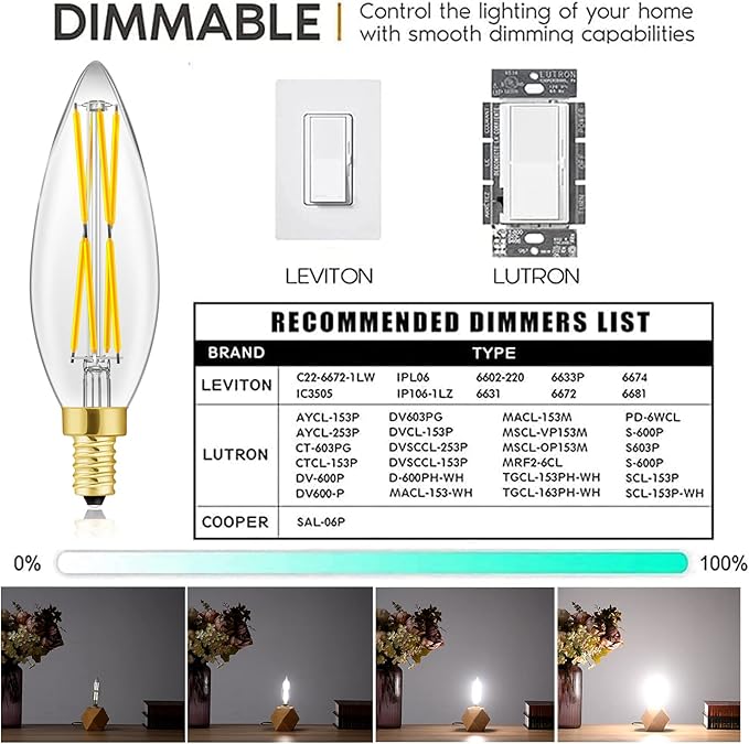 E12 Candelabra Bulbs 5000K Cool White,Dimmable Led Bulbs 8W,Candle Bulb 100 Watt Equivalent,Chandelier Light Bulbs 4.85In,Led Light Bulbs 850lm,4-Pack