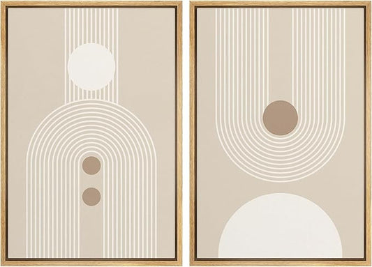 SIGNWIN Framed Canvas Print Wall Art Set Retro Nordic Geometric Pattern Abstract Shapes Cozy Neutral Modern Art Decorative Nordic Multicolor for Living Room, Bedroom, Office - 24"x36"x2 Natural