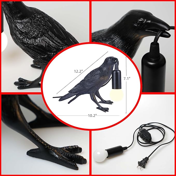 Raven Lamp - Adjustable Brightness with Bulb, Gothic Home Decor for Bedside, Bedroom, Living Room, Halloween Table Decor Light