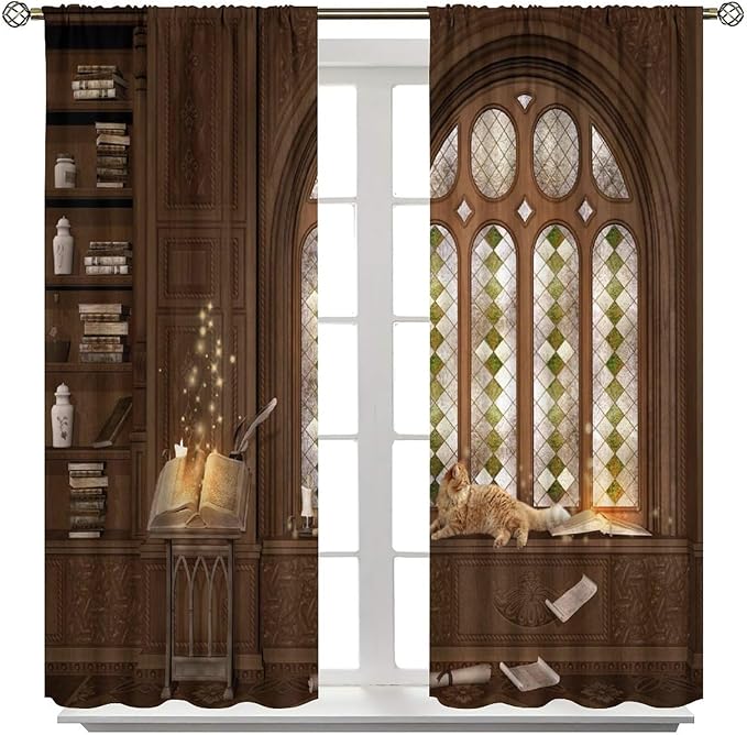 Gothic Medieval Library Blackout Curtains, Mid Century Study Cat Print Pattern Window Drapes, for Living Room Bedroom 36(W)*63(L) 2 Panels