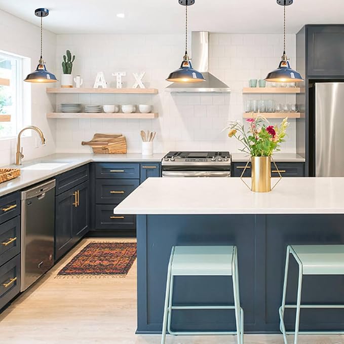CLAXY Modern Farmhouse Pendant Light Blue Metal Barn Kitchen Island Pendant Lighting-Adjustable Hanging Ceiling Light Fixture 10.63" for Kitchen Dining Foyer Loft Bar Coffee Restaurant