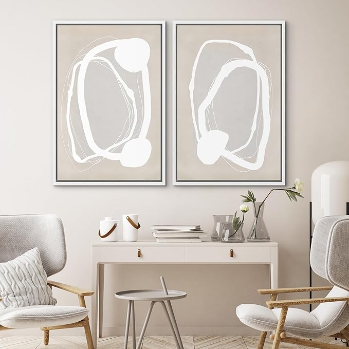 SIGNWIN Framed Canvas Print Wall Art Set Pastel Tan Circle Ring Collage Abstract Shapes Cozy Neutral Modern Art Decorative Nordic Multicolor for Living Room, Bedroom, Office - 24"x36"x2 White
