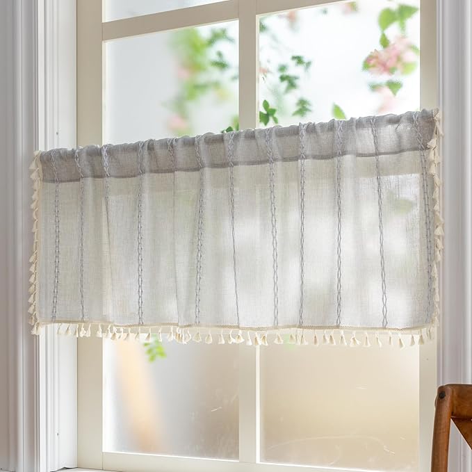 Sutuo Home Boho Curtains Valance for Cafe Windows, Bohemian Short Curtains Light Filtering Linen Country Vintage Tassels Window Treatment Embroidery Drape, Rod Pocket 1 Panel 52" W x 18" L, Light Grey