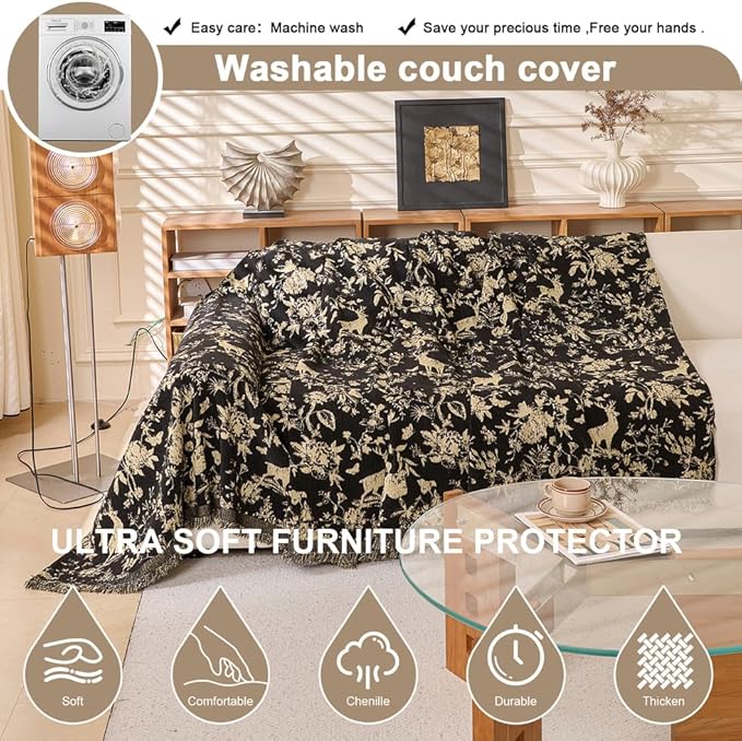 ROOMLIFE Black Sofa Cover, Vintage Boho Couch Cover for 3 Cushion Sofa, Non Slip Soft Chenille Sofa Slipcovers for Dog, Washable Furniture Sofa Protector Cover with Tassel for Living Room, 71''X150”