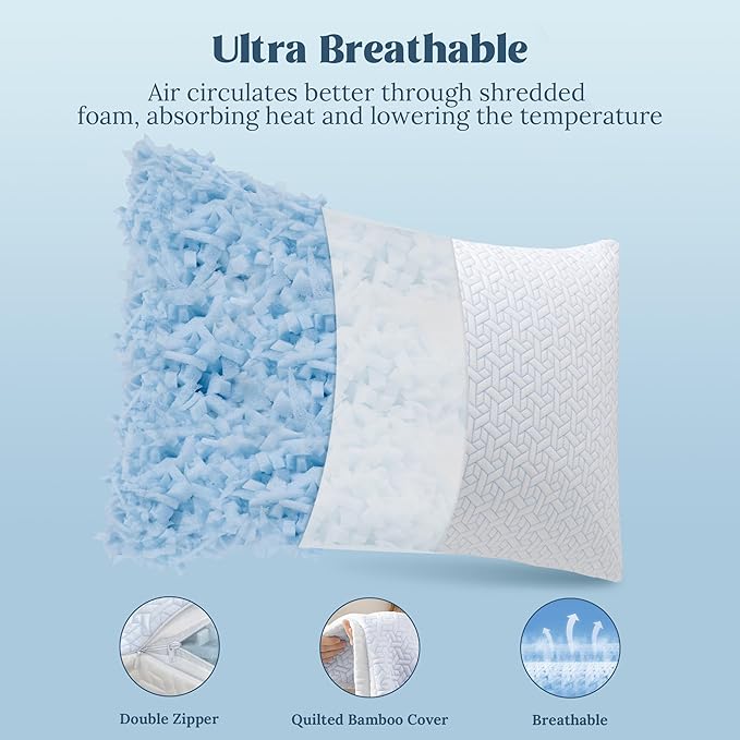 puredown® Cooling Shredded Memory Foam Standard Size Pillow for Side,Soft Adjustable Foams Pillow,Back and Stomach Sleepers, 1 Pack,20x26In