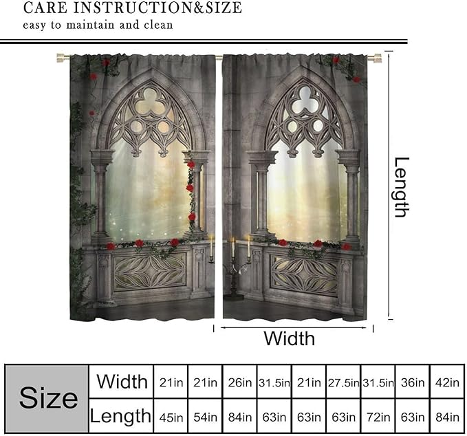 Gothic Mid Century Blackout Curtains, Vintage Castle Skull Candlesticks Red Rose Print Pattern Window Drapes, for Living Room Bedroom 26(W)*84(L) 2 Panels