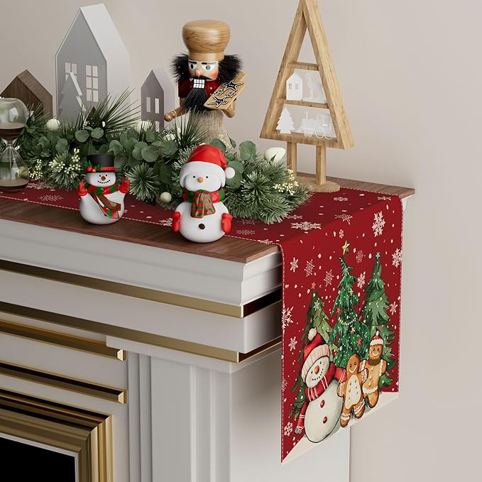 XCHI Winter Red Snowman Gingerbread Man Christmas Tree Xmas Table Runner Table Decoration for Party Home Kitchen Dining Holiday Decor 13x108 Inch