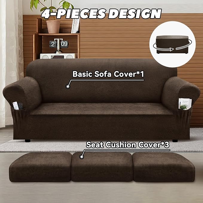 Sofa Slipcover with Armrest Pockets 4-Piece Set, Stretch Faux Leather Couch Cover for 3-Cushion Couches(Fits 72-92") - Non-Slip, Machine Washable, Pet & Kid Friendly - Brown