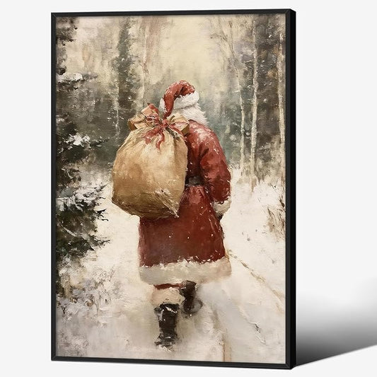 Santa Claus in Winter Forest Poster Vintage Christmas Holiday Canvas Wall Art 16x24 inch Black Framed Cozy Nature Christmas Tree Oil Painting Prints for Cottagecore Bedroom Wall Decor