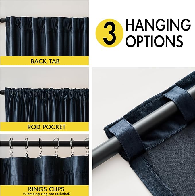 Velvet Curtains 84 inches Long for Living Room Navy Blue Gold,2 Panels Blackout Curtains Modern Color Block Back Tab Rod Pocket Soundproof Drapes for Bedroom Window Decor