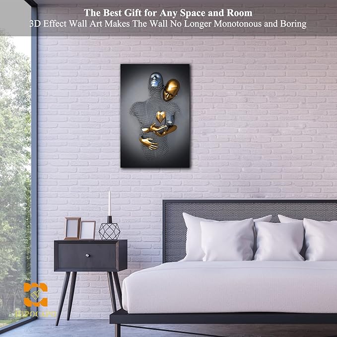 HIPOCAPO 3D Metal Effect Wall Art - Love Heart Canvas Art, Decor for Living Room, Framed Romantic Couple pictures bedroom 12”x18”x1Pcs 3d Art-26