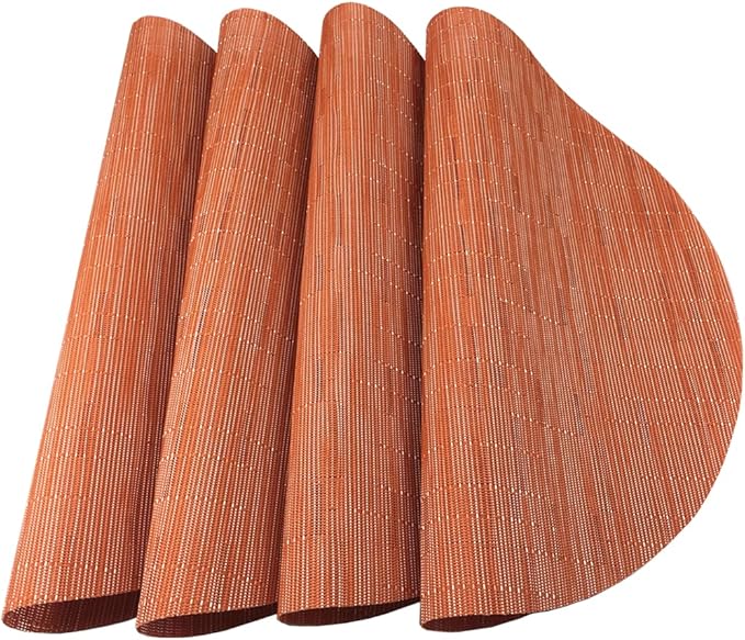 WAZAIGUR Round Placemats Set of 4 Woven Vinyl Easy to Clean Heat Resistant Kitchen Table Mats 15 Inch(Orange 4)
