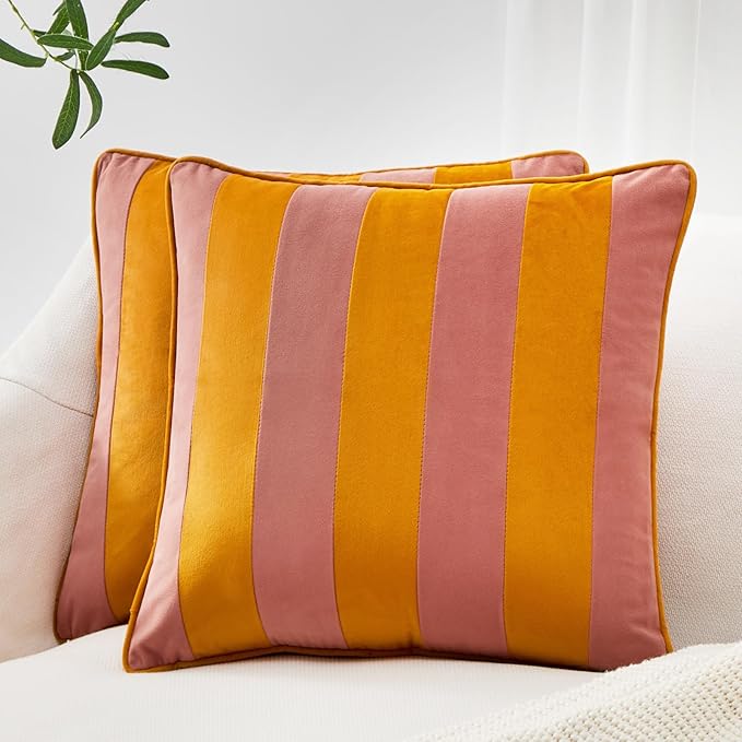 MONDAY MOOSE Decorative Throw Pillow Covers Cushion Cases, Set of 2 Soft Velvet Striped Piping Edge Designs, Pillow Inserts Not Included (Pink/Honey, 22x22 inch)